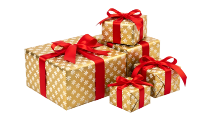 A stack of gold christmas gift boxes with white snowflake pattern and red ribbon, isolated on a transparent background