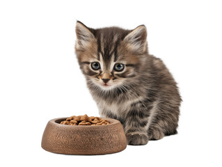 Little cat isolated, young kitten eating cat food from a food bowl, adorable kitten close-up portrait, isolated on a transparent background, professional pet photography, pet food advertising concept