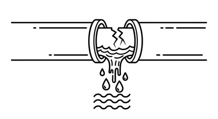 Broken pipe with water leaking out, depicted as a simple outline line icon. This graphic represents plumbing issues, leaks, and water damage, suitable for web design, app interfaces, advertising, and