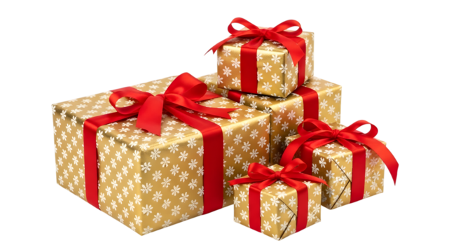 A stack of gold christmas gift boxes with white snowflake pattern and red ribbon, isolated on a transparent background