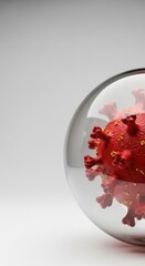 Red coronavirus cell under a glass dome. Protection against virus and pandemic.