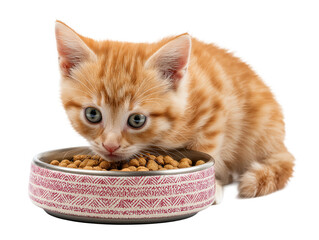 Little cat isolated, young kitten eating cat food from a food bowl, adorable kitten close-up portrait, isolated on a transparent background, professional pet photography, pet food advertising concept
