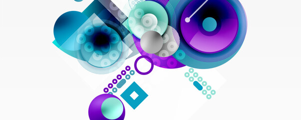 Abstract geometric composition. Circles, squares, lines create dynamic visual effect. Blue, purple hues dominate design. Modern aesthetic.