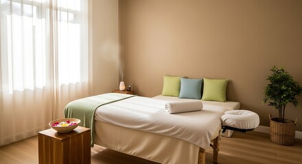 Fototapeta premium Serene and inviting massage room with a comfortable bed and natural light, perfect for relaxation and wellness treatments.