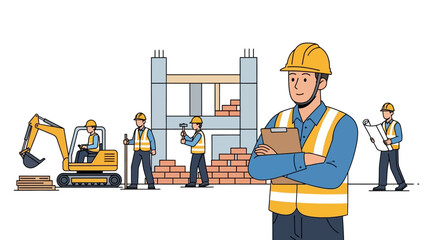 Cartoon image of construction workers building a structure with an excavator bricks and a foreman with a clipboard