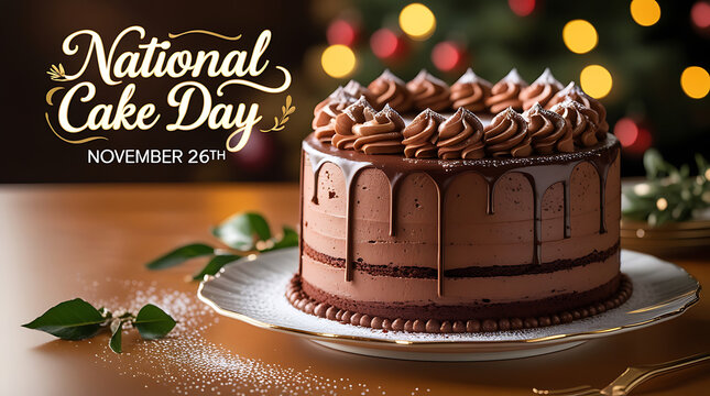 A chocolate cake with frosting and glaze on a plate for National Cake Day, 8k image