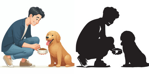  Set of vector and shilhouttes images of men and dogs on a white background