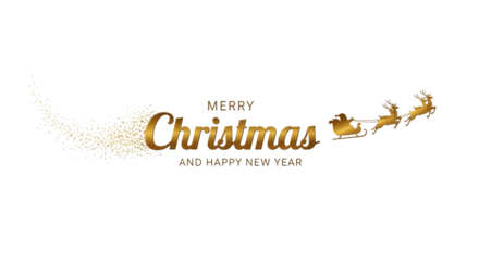 Golden merry christmas and happy new year text with santas sleigh and reindeer isolated on transparent background