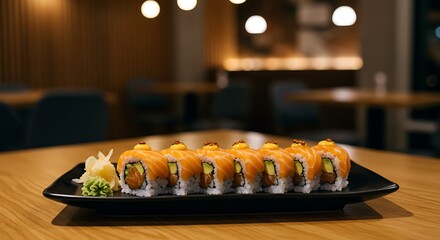 Close-up of sushi rolls on a black plate, restaurant setting, warm lighting