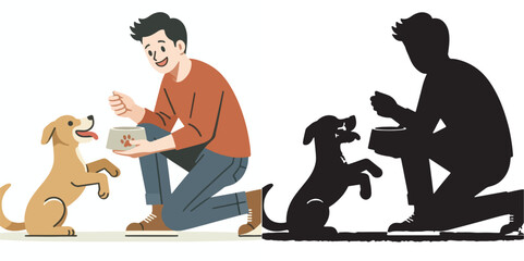  Set of vector and shilhouttes images of men and dogs on a white background