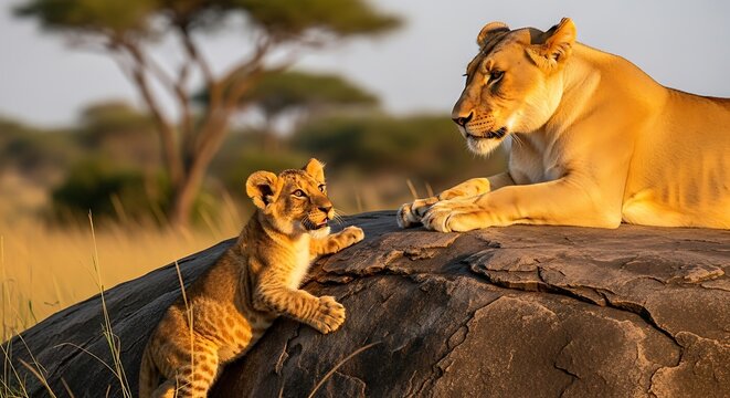 Lioness and cub bonding on a rock in the African savanna at sunset. - Powered by Adobe