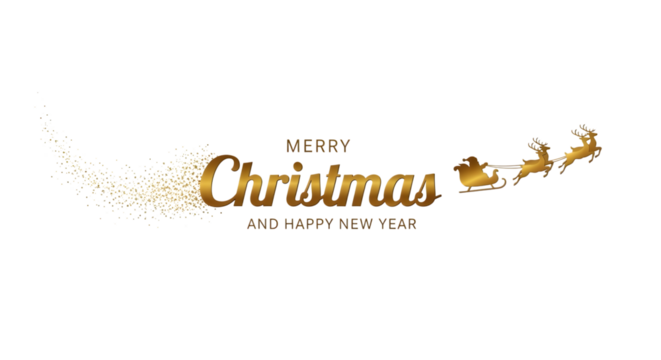 Golden merry christmas and happy new year text with santas sleigh and reindeer isolated on transparent background