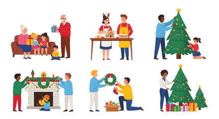 Family and friends decorating for christmas, including a christmas tree, fireplace, and baking scene isolated on transparent background