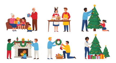 Family and friends decorating for christmas, including a christmas tree, fireplace, and baking scene isolated on transparent background