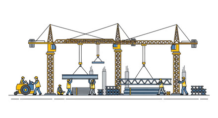 Construction site with workers cranes and building materials in a linear cartoon style