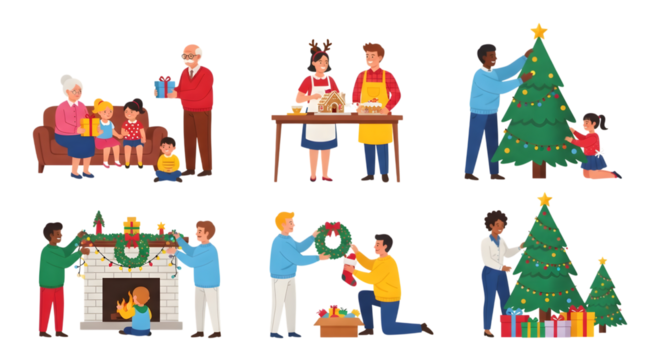 Family and friends decorating for christmas, including a christmas tree, fireplace, and baking scene isolated on transparent background