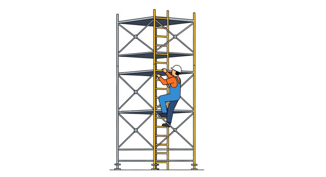 Construction worker climbs a yellow ladder in a scaffolding structure with gray supports  crossbars