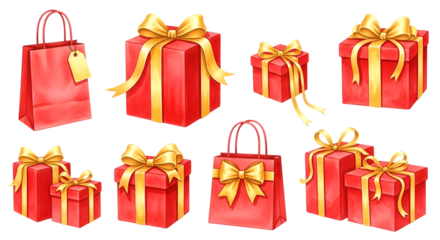 Collection of red gift bags and boxes with gold ribbon and bows, isolated on transparent background