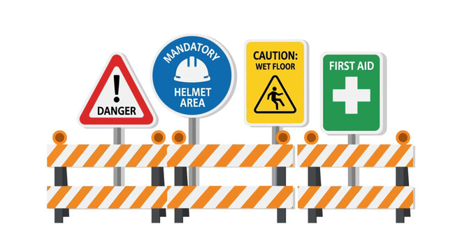 Four signs behind a striped barrier displaying Danger Helmet Area Caution Wet Floor and First Aid