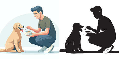  Set of vector and shilhouttes images of men and dogs on a white background