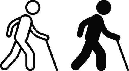 Elderly Person Walking with Cane Icon.Slow Pace, Mobility Aid, and Old Age Symbol or Vector Silhouette. .eps