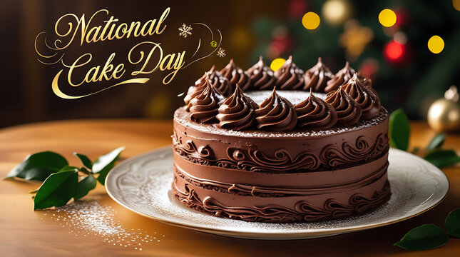 Chocolate cake with frosting swirls and national cake day text overlayed image, 32K Resolution