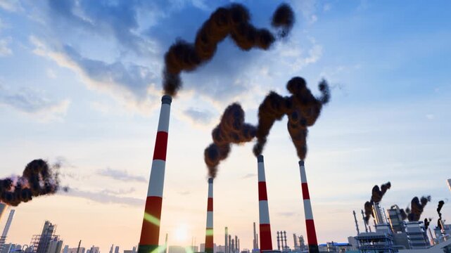 Factory chimneys emit exhaust gases that pollute the air.(produced by Lumion,not AI-generated)