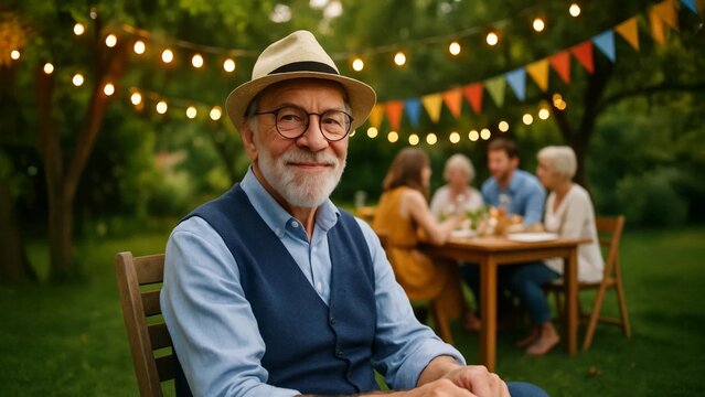 Smiling elderly man in hat and glasses enjoying an outdoor garden party with friends in the background.