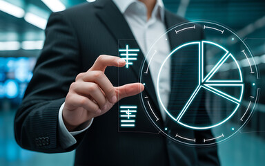 Businessman interacting with a futuristic holographic pie chart displaying financial data and growth metrics in a modern office setting