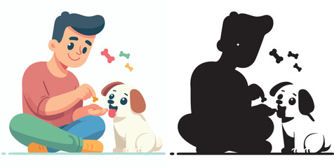  Set of vector and shilhouttes images of men and dogs on a white background