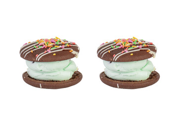 Mint filled chocolate chip cookies on transparent background