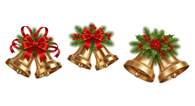 Three golden christmas bells with red bows and holly, isolated on transparent background