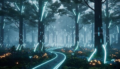 Sci-fi forest path with glowing trees