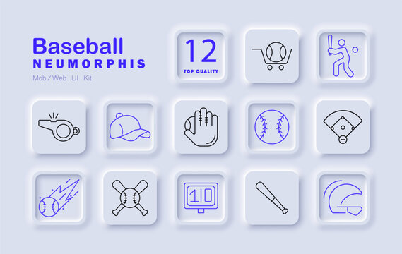 Baseball set icon. Whistle, cap, glove, scoreboard, helmet, bat, ball, player, crossed bats, pitch, stadium, cart, dynamic throw sport match with gear, training, rules, team, field.