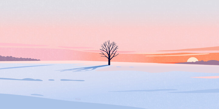 Stylish and minimalist winter landscape illustrations, artistic sunset banners featuring colorful skies, snowfields, and forests. Winter nature landscape illustrations. Suitable for promotional advert