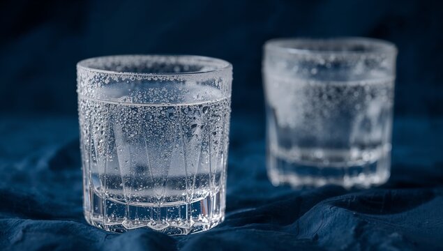 Two Faceted Glasses, Full of Water, Exhibiting Condensation Against a Dark Blue Backdrop. - Powered by Adobe