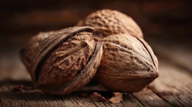 Close-up of four textured walnuts on a rough wooden surface, with earthy tones