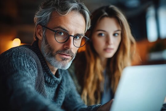Focused middle-aged man with glasses and gray hair sitting next to a younger woman using a laptop in a warm indoor setting with soft lighting - Powered by Adobe