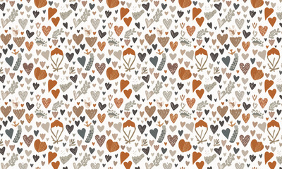 Seamless Boho Rustic Heart and Floral Pattern in Warm Earthy Tones