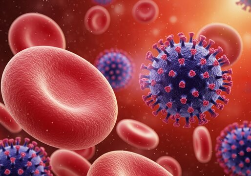 Virus and Red Blood Cells — Microscopic Bloodstream Visualization