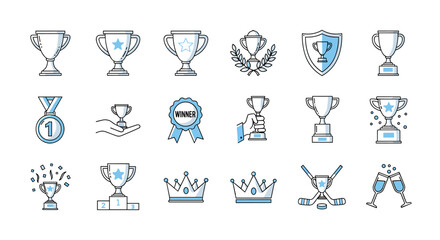 Collection of winning cup related line icons, editable stroke, perfect for infographics, articles, books, flyers, banners, vector cartoon illustration with a white background. Includes trophies