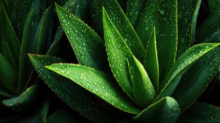 Alien vera, Close-up of Fresh Aloe Vera Leaves with Water Droplets. Natural Skincare and Healing Background.