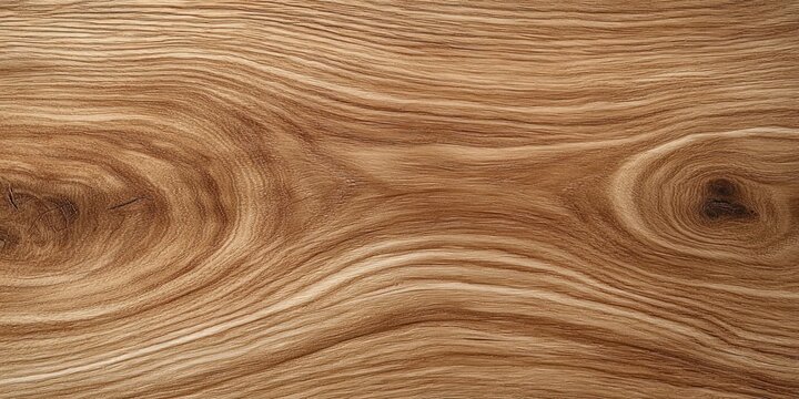 Close-up of natural wood grain texture with flowing lines and knots in warm brown tones