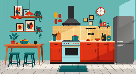 Vibrant Retro Kitchen With Appliances, Furniture, and Decor