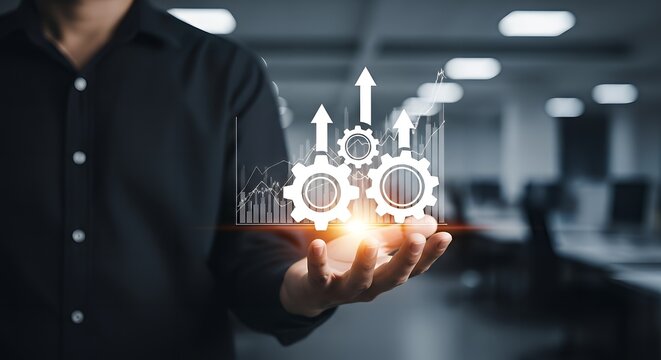 Man presents business growth with gears and upward arrows in a modern office