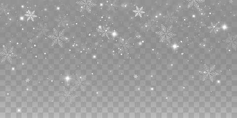 Sparkling snowflakes and glowing fairy dust particles on transparent background. White glitter stars, magic winter light, and festive Christmas illumination. Vector illustration.
