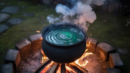 A bubbling cauldron over a campfire at dusk, emitting steam, suggesting a magical potion or witchs brew