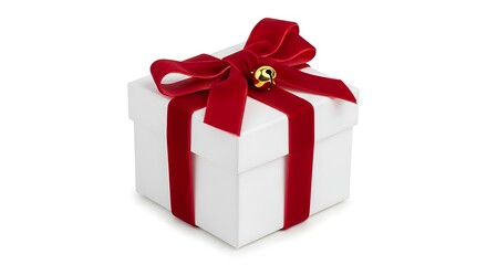 White gift box with red velvet ribbon and golden bell on white background