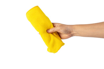 Yellow fiber cleaning cloth, new cloth ready to use on hand, transparent background
