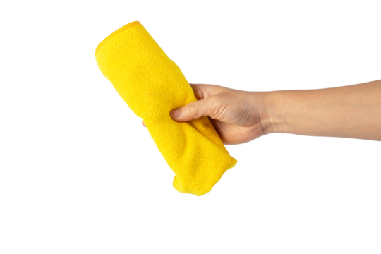 Yellow fiber cleaning cloth, new cloth ready to use on hand, transparent background